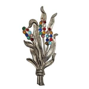 Pot Metal Rhinestone Flower Brooch Multicolor Silver Tone Statement Pin Vintage